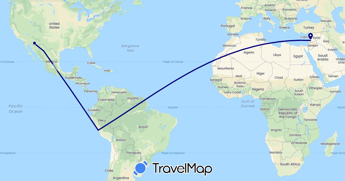 TravelMap itinerary: driving, plane, cycling, motorbike in Mexico, Peru, Syria, United States (Asia, North America, South America)